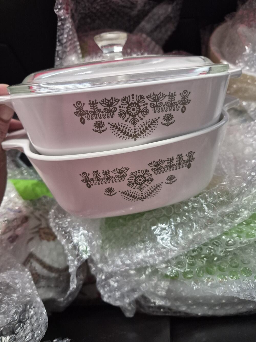 CorningWare JCP-1B White Green Floral Square 2 Casserole Dish w/ Lid Handle.
